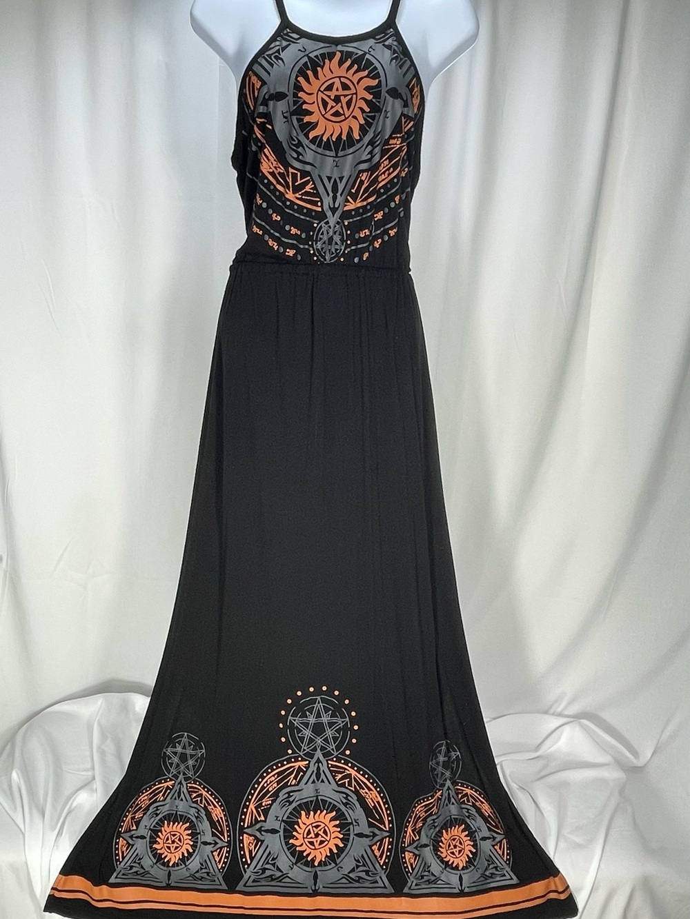 Supernatural Themed Maxi Dress w/Halter Top. Black w/ Orange & Gray design. Sz L